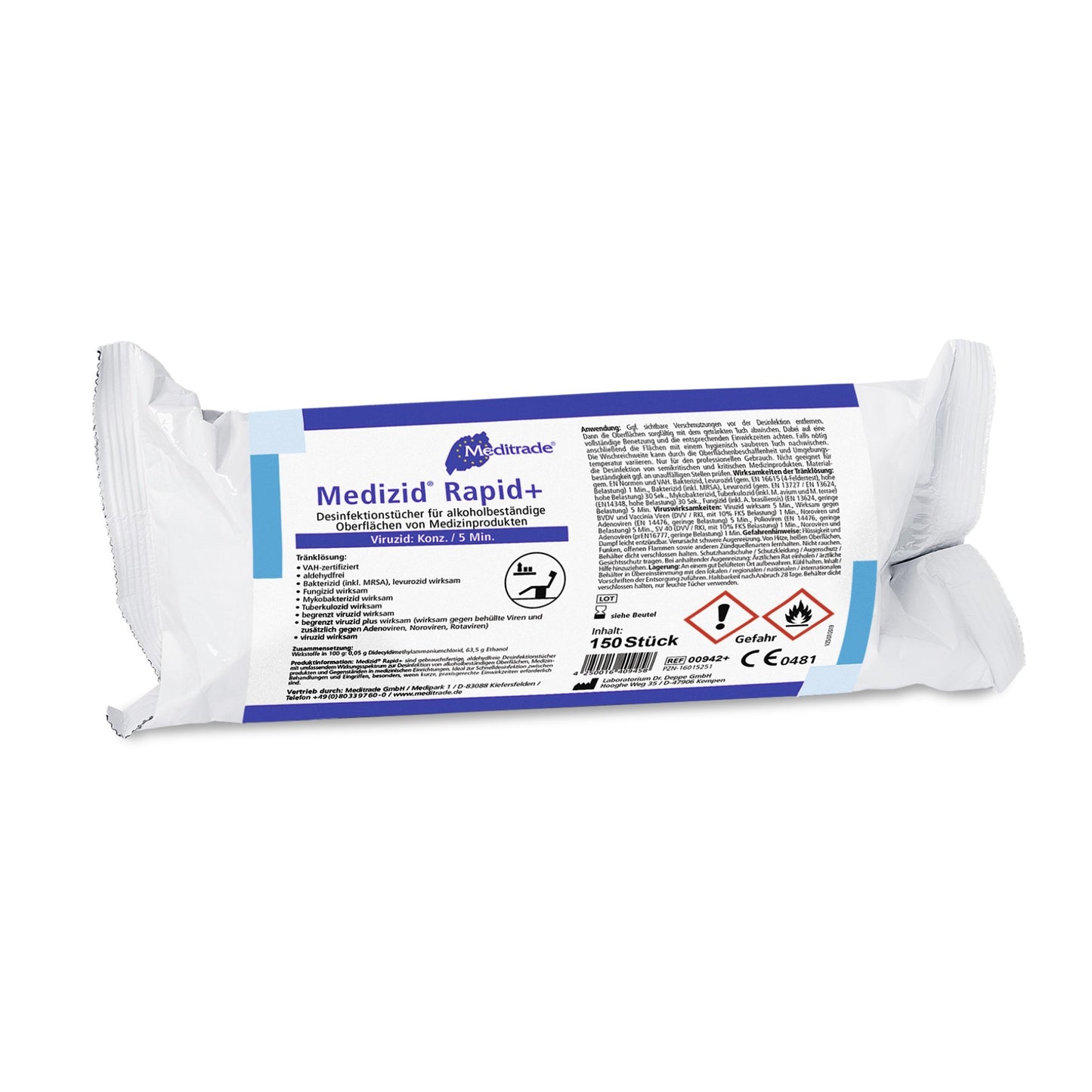 Medizid Rapid+ Desinfektionstücher – Nachfüllpack 150 St. | alkoholhaltig | viruzid