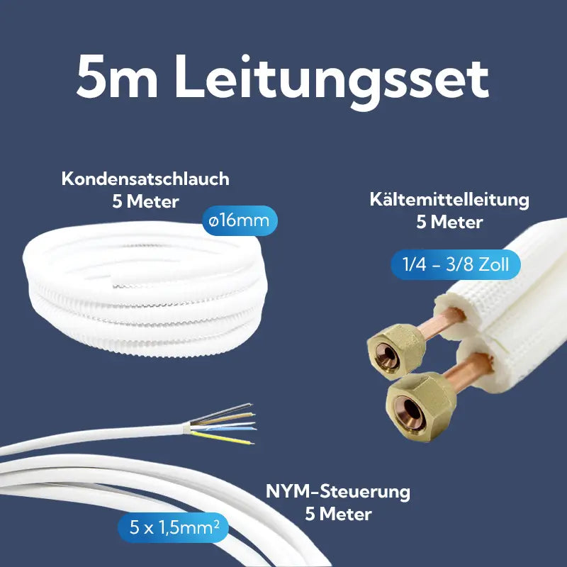 Leitungsset 5m für Split-Klimaanlagen – Kältemittelleitung 1/4" + 3/8", Steuerleitung & Kondensatschlauch