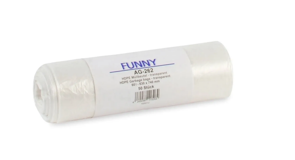 Funny Müllbeutel PE, transparent, HDPE, 630 x 740 mm; 60 Liter, 40 Rollen, Funny - (2000 Stück)