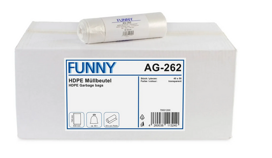 Funny Müllbeutel PE, transparent, HDPE, 630 x 740 mm; 60 Liter, 40 Rollen, Funny - (2000 Stück)