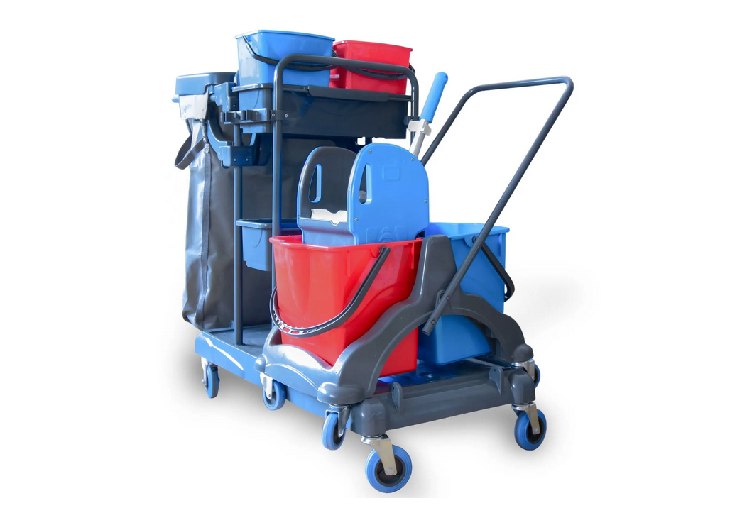 Reinigungswagen mit 4 x 5 l und 2 x 18 Liter Eimer, Moppresse, Mophalterung + Ablage, Utensilbehälter, 100l Leinentasche