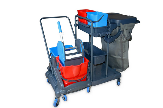 Reinigungswagen mit 4 x 5 l und 2 x 18 Liter Eimer, Moppresse, Mophalterung + Ablage, Utensilbehälter, 100l Leinentasche