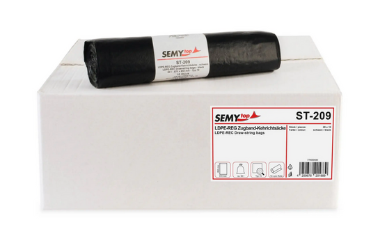 LDPE-Regenerat Zugbandsäcke, schwarz, Typ 70, 60 Liter, 570 x 850 mm, 200 Stück