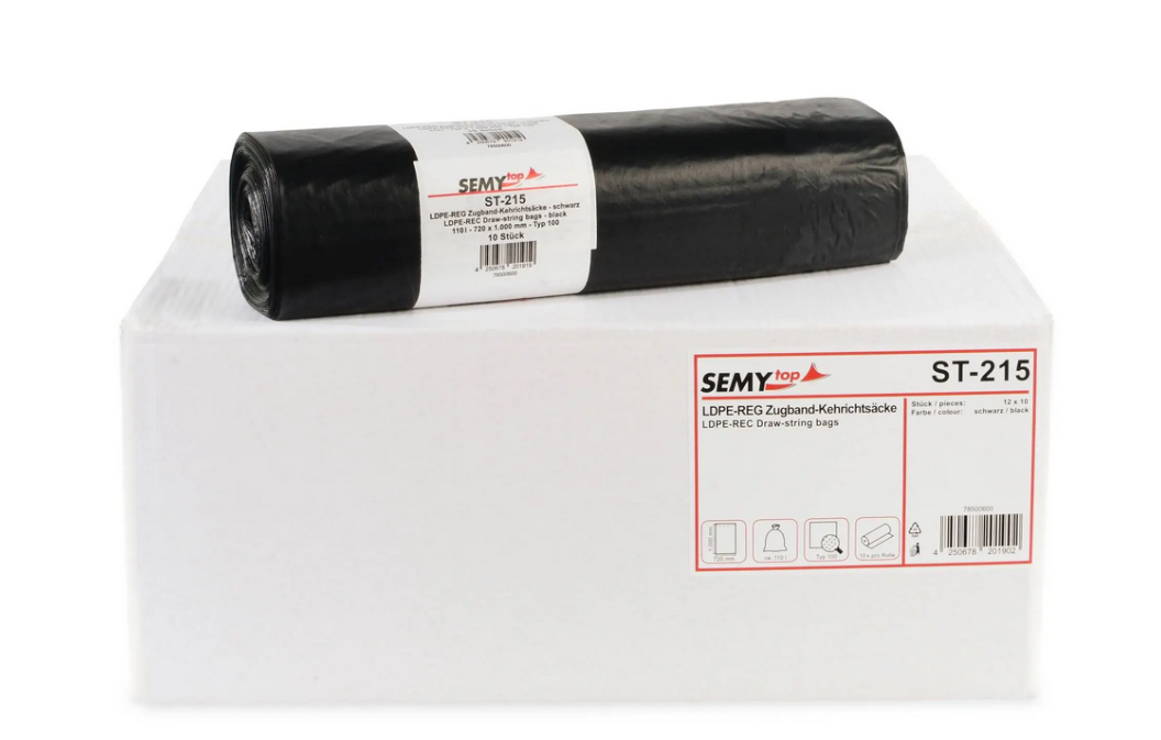 SemyTop LDPE-Regenerat Zugband-Kehrichtsäcke, schwarz, Typ 100, 110 l, 720 x 1.000 mm, 120 Stück