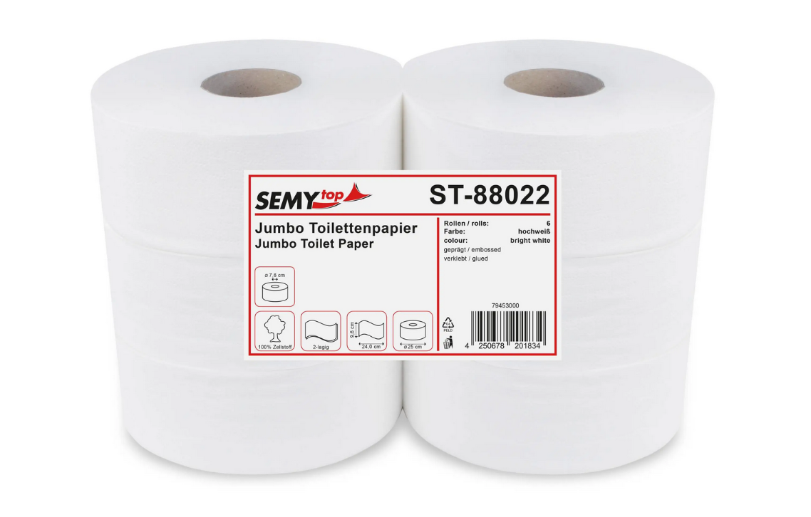SemyTop Jumbo-Toilettenpapier, 2-lagig, Zellstoff hochweiß, Ø 25 cm, 6 Rollen