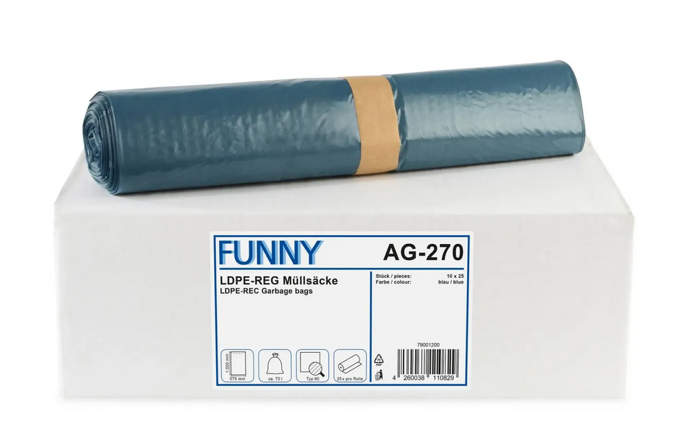 LDPE-Regenerat Müllsäcke, blau, Typ 60, 70 l, 575 x 1.000 mm, 250 Stück