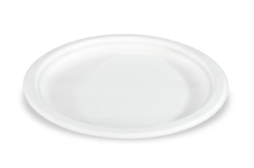 Teller aus Zuckerrohr, rund, 23 cm, weiß, 10 x 50 Stück