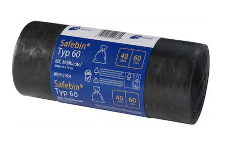 Safebin® Black Müllbeutel | 60 L | 60×70 cm | 40 µm | HDPE | 10 Rollen à 40 Stück