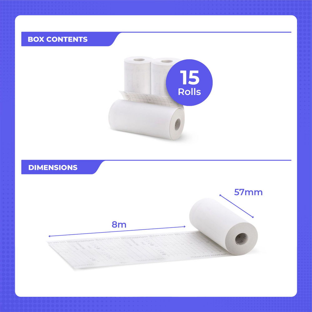 Tachorollen 57 mm x 8 m – 48 g/m² | BPA-frei | für digitale Tachographen | 15 Rollen
