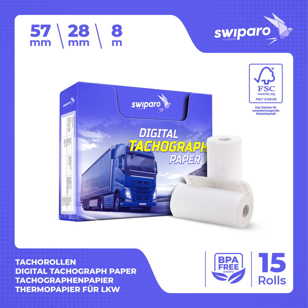 Tachorollen 57 mm x 8 m – 48 g/m² | BPA-frei | für digitale Tachographen | 15 Rollen
