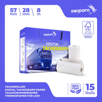 Tachorollen 57 mm x 8 m – 48 g/m² | BPA-frei | für digitale Tachographen | 15 Rollen