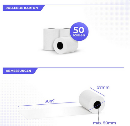 Thermorollen 57×50 mm | BPA-frei | 55 g/m² | 50 Rollen