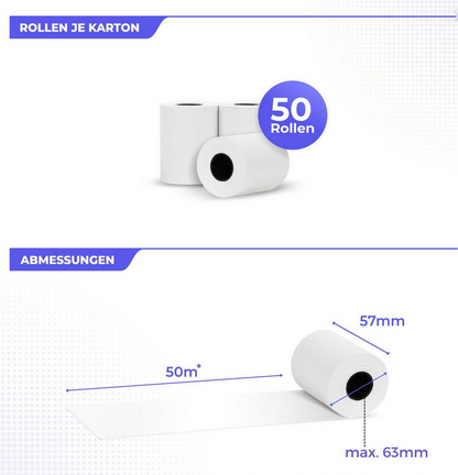 Thermal paper rolls 57x63 mm | BPA-free | 55 gsm | 50 rolls