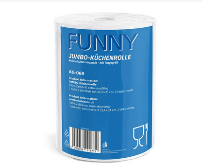 Jumbo-Küchenrolle 2-lagig | 300 Blatt | Zellstoff weiß | 6 Rollen – Extra saugstark