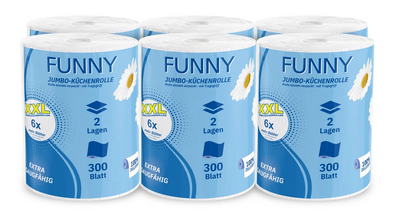 Jumbo-Küchenrolle 2-lagig | 300 Blatt | Zellstoff weiß | 6 Rollen – Extra saugstark