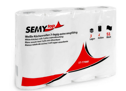Paper towels, 3-ply, 51 sheets, white cellulose, 8 x 4 rolls