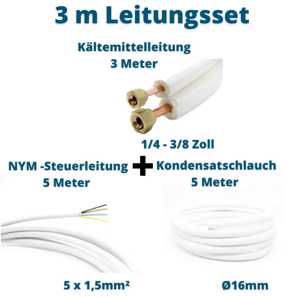 Leitungsset 3m für Split-Klimaanlagen – Kältemittelleitung 1/4" + 3/8", Steuerleitung & Kondensatschlauch