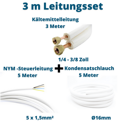 Leitungsset 3m für Split-Klimaanlagen – Kältemittelleitung 1/4" + 3/8", Steuerleitung & Kondensatschlauch