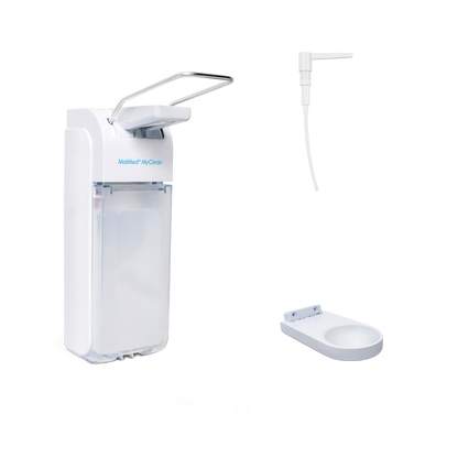MaiMed MyClean Desinfektionsmittelspender – 500 ml & 1 l | mit Tropfschale | weiß