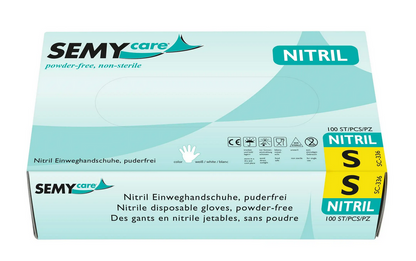 SemyCare Nitril-Einweghandschuhe weiß, puderfrei – 1 Karton = 10 Packungen à 100 Stück