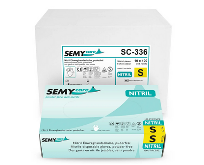 SemyCare Nitril-Einweghandschuhe weiß, puderfrei – 1 Karton = 10 Packungen à 100 Stück