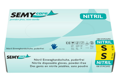 SemyCare Nitril-Einweghandschuhe blau, puderfrei – 1 Karton = 10 Packungen à 100 Stück
