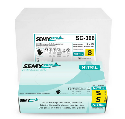 Gants jetables SemyCare en nitrile noirs sans poudre 100 pièces - Sans latex, Dispositif médical