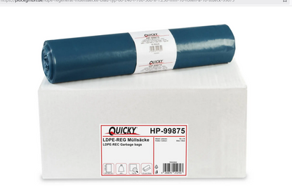 QUICKY LDPE Recycled Refuse Sacks | Blue | Type 80 | 240 L | 1,250×1,000 mm | 100 Pieces