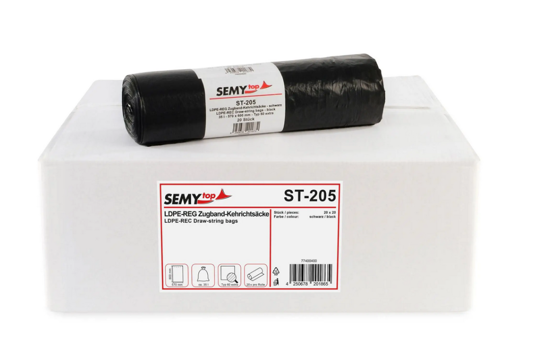 LDPE-Regenerat Zugbandsäcke | schwarz | Typ 60 extra | 35 L | 570×600 mm | 400 Stück