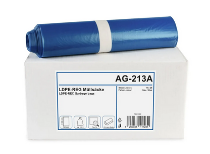 Sacs poubelle en régénérat de PEBD, bleus, type 70, 120 l, 700 x 1 100 mm, 250 pièces