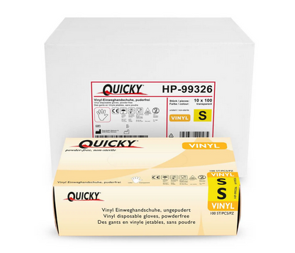 QUICKY Disposable Vinyl Gloves, Transparent, Powder-Free, 10 x 100 Count