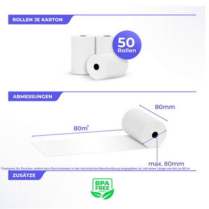 Thermal paper rolls 80×80 mm | BPA-free | 55 gsm | 50 rolls | quantity discount for 2 or more